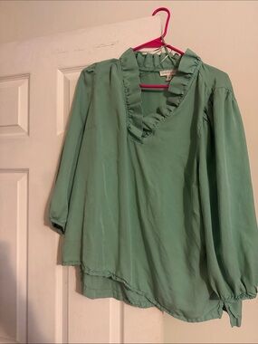 crown & ivy Mint Green Ruffle V-Neck Blouse